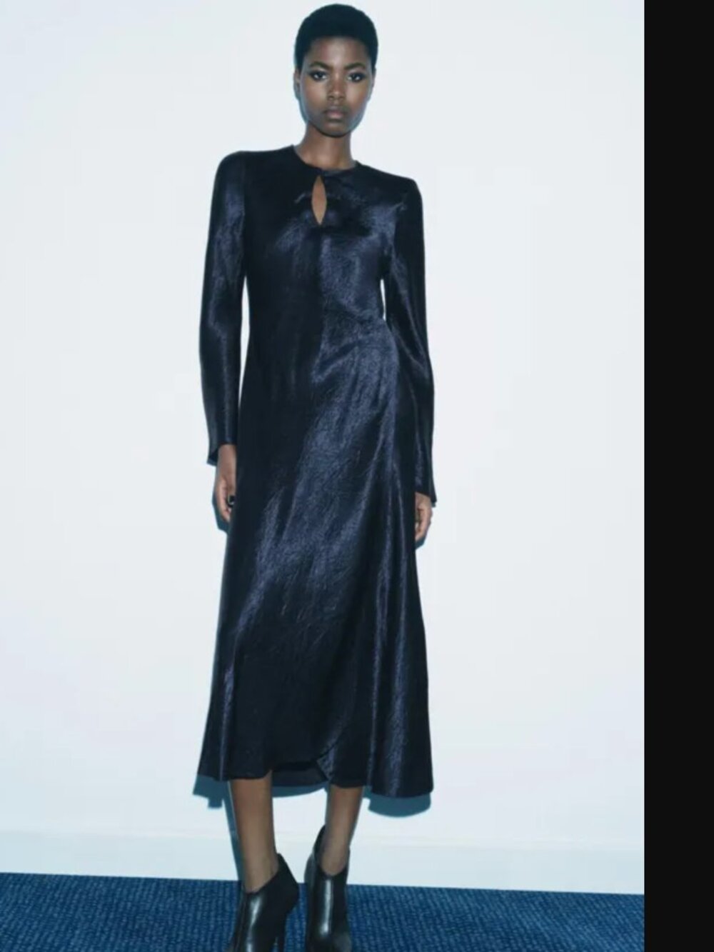 Zara ZW Collection Women Navy Satin Midi Dress with Slit Size S NWOT